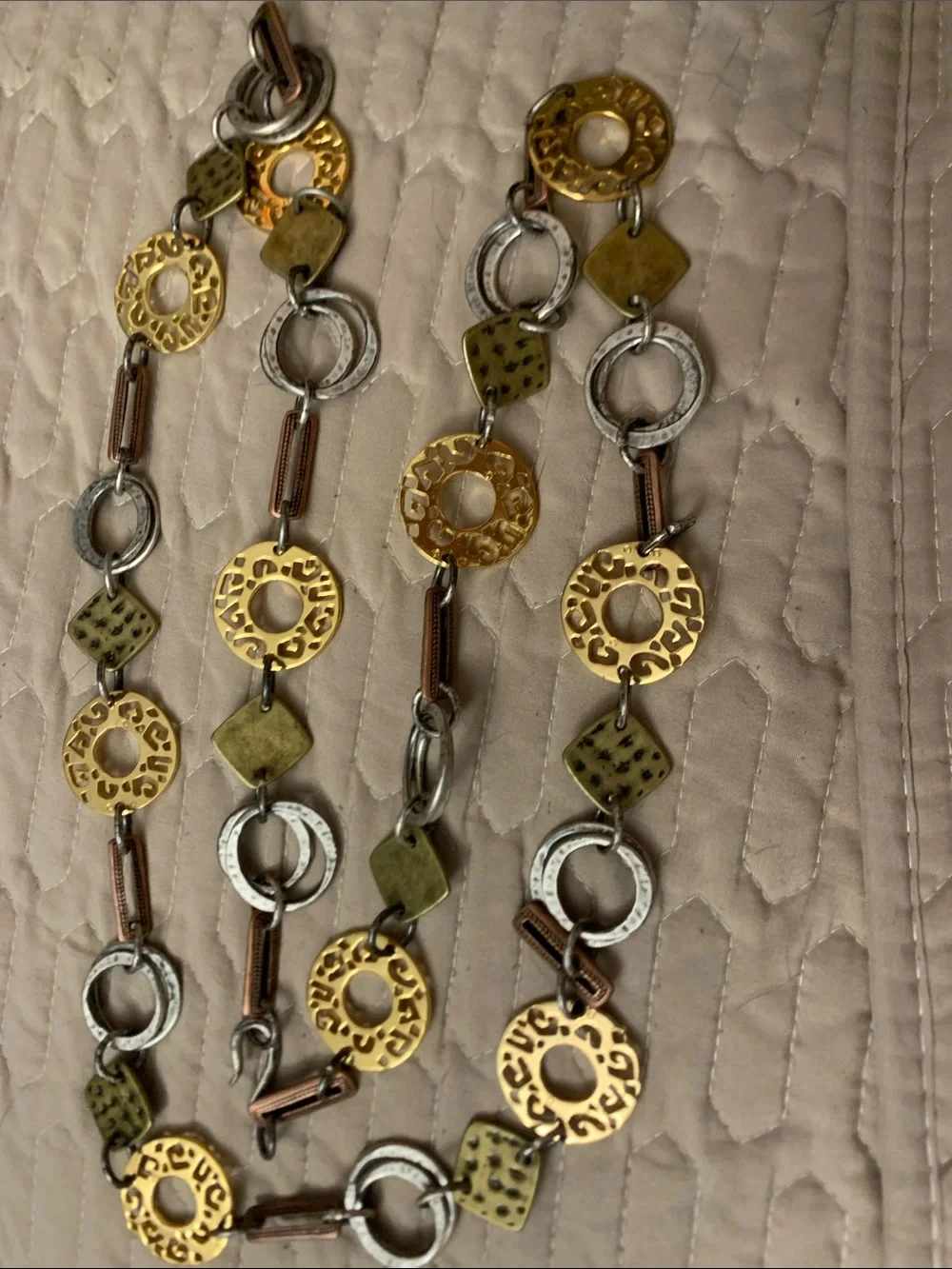 Mixed Metal Link Belt with Gold Discs and Olive Accents 49”L